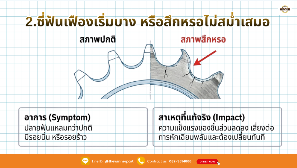 ฟันเฟืองบิ่น ร้าว หรือสึกไม่สม่ำเสมอ