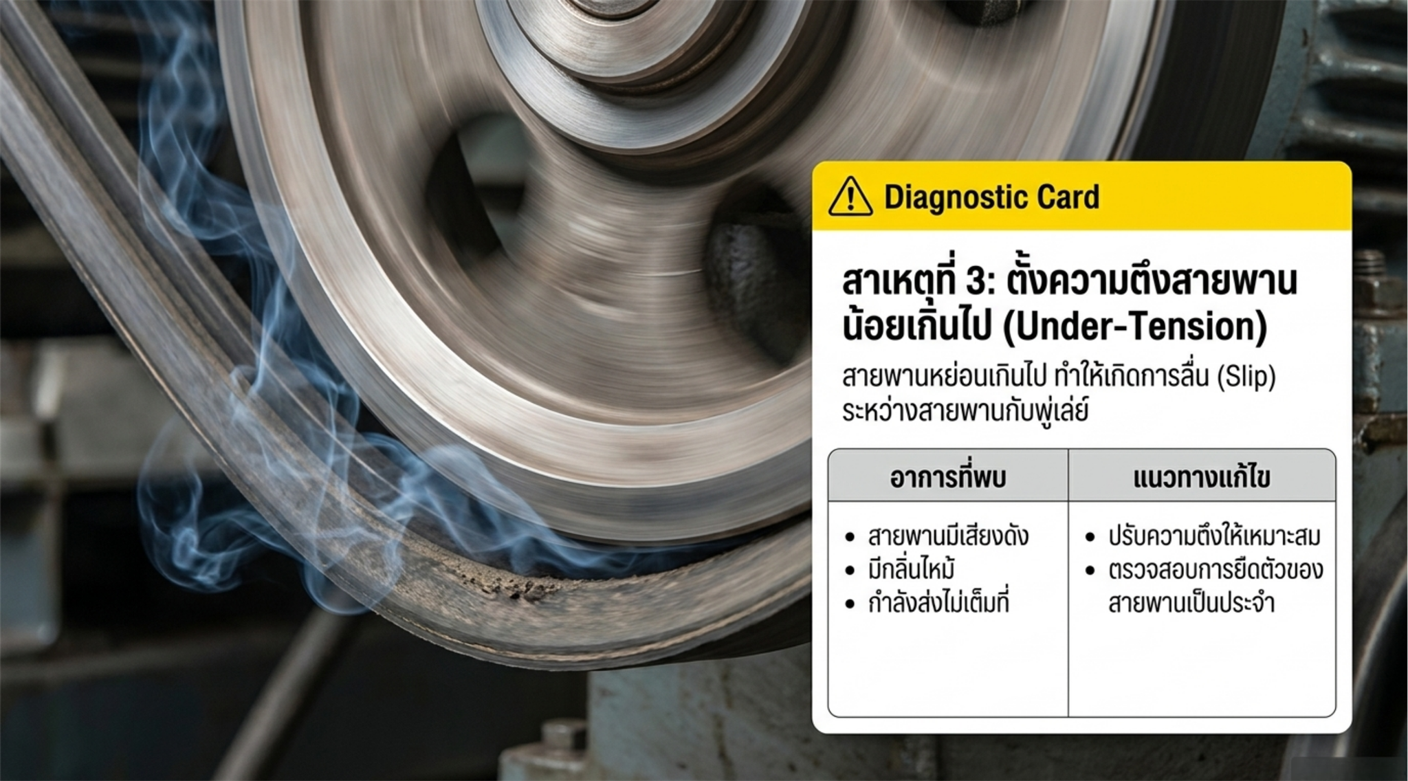 ตั้งความตึงสายพานน้อยเกินไป ทำให้สายพานลื่น