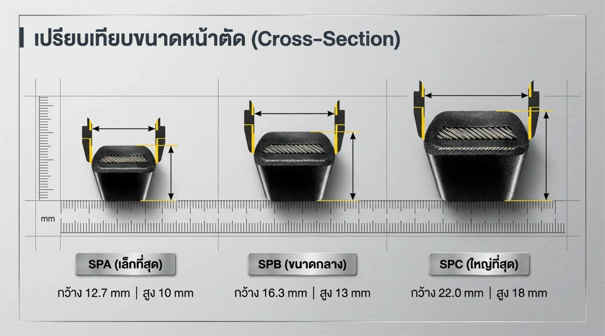 เปรียบเทียบขนาดหน้าตัดสายพาน SPA SPB SPC