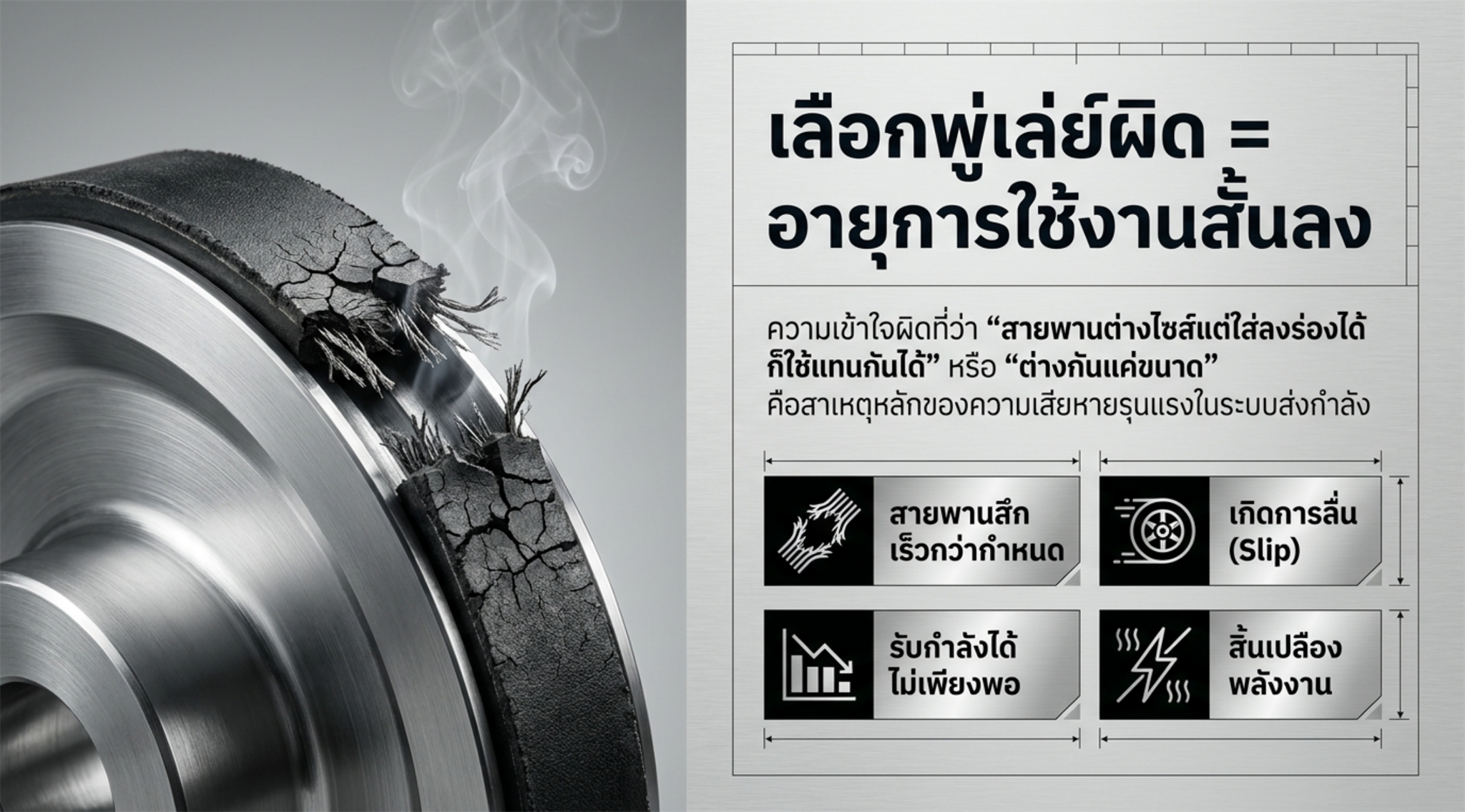 เลือกพู่เล่ย์ผิดทำให้สายพานเสียหายเร็ว
