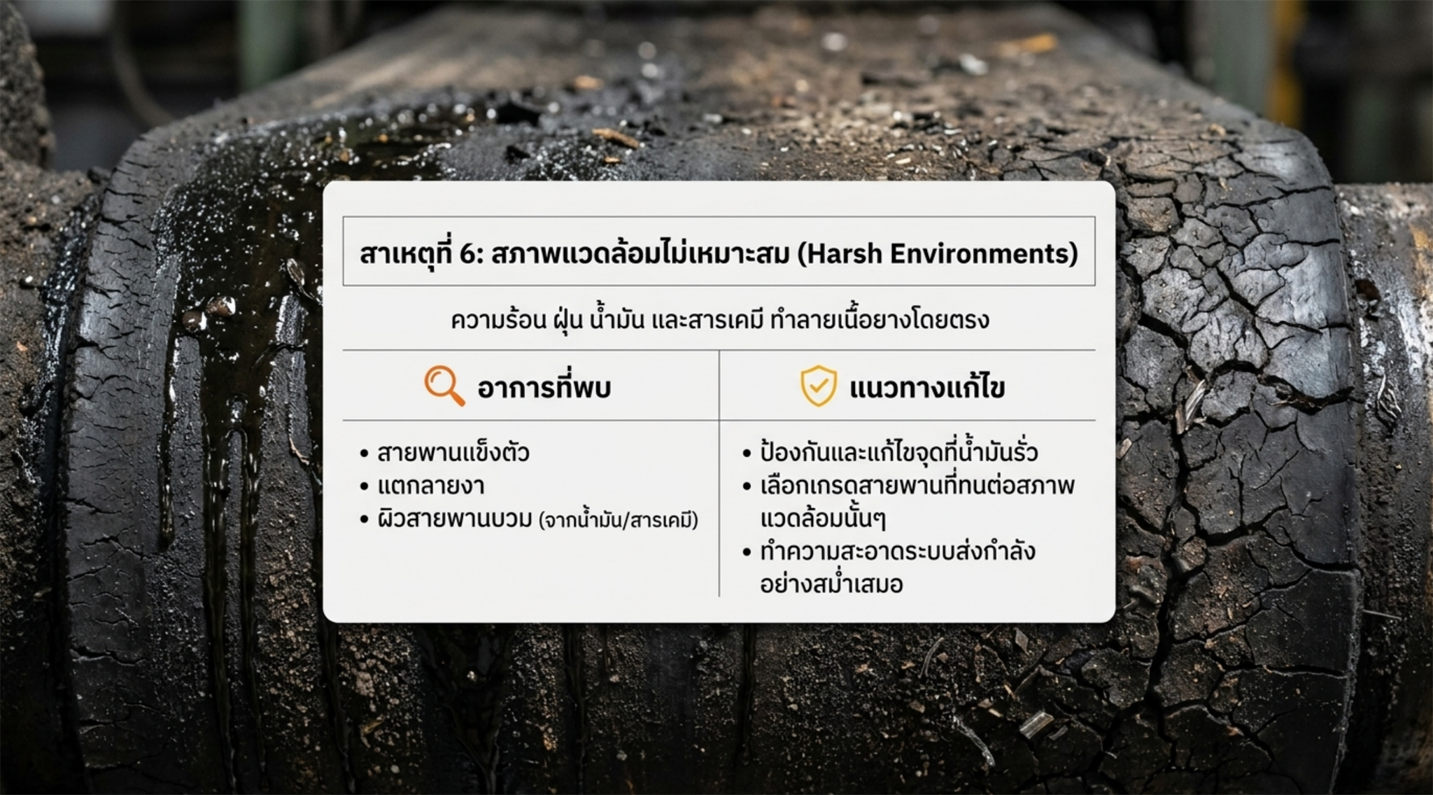 สภาพแวดล้อมไม่เหมาะสมทำให้สายพานเสียหายเร็ว