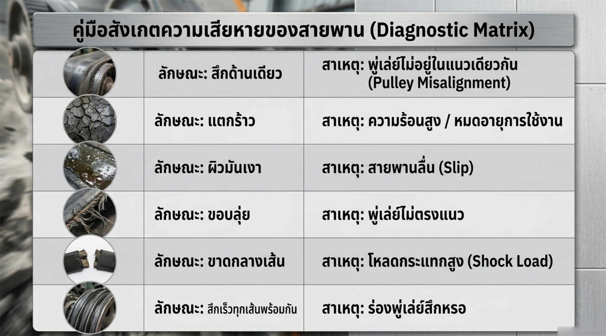 คู่มือสังเกตความเสียหายของสายพาน Diagnostic Matrix